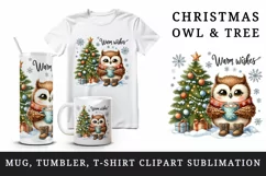 Watercolor cute owl hot cocoa Christmas tree snowflakes Warm Wishes quote print tumbler skinny mug wrap clipart t-shirt sublimation printable design