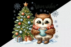 Watercolor cute owl hot cocoa Christmas tree snowflakes Warm Wishes quote print tumbler skinny mug wrap clipart t-shirt sublimation printable design