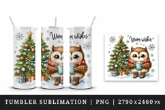 Watercolor cute owl hot cocoa Christmas tree snowflakes Warm Wishes quote print tumbler skinny mug wrap clipart t-shirt sublimation printable design