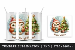 Watercolor cute owl hot cocoa Christmas tree Warm Wishes quote print 20 oz tumbler skinny mug wrap clipart t-shirt sublimation printable design