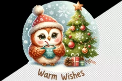 Watercolor cute owl hot cocoa Christmas tree Warm Wishes quote print 20 oz tumbler skinny mug wrap clipart t-shirt sublimation printable design