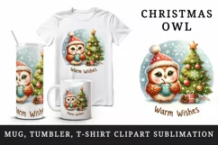 Watercolor cute owl hot cocoa Christmas tree Warm Wishes quote print 20 oz tumbler skinny mug wrap clipart t-shirt sublimation printable design