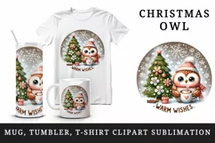 Watercolor cute owl hot cocoa Christmas tree Warm Wishes quote print 20 oz tumbler skinny mug wrap clipart t-shirt sublimation printable design