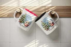 Watercolor cute owl hot cocoa tree snowflakes Merry Christmas quote print 20 oz tumbler skinny mug wrap clipart t-shirt sublimation printable design