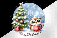 Watercolor cute owl hot cocoa tree snowflakes Merry Christmas quote print 20 oz tumbler skinny mug wrap clipart t-shirt sublimation printable design