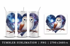 Watercolor cute owl on branch night sky love heart Valentine Day print 20 oz tumbler skinny mug wrap clipart t-shirt sublimation printable design