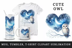 Watercolor cute owl on branch night sky love heart Valentine Day print 20 oz tumbler skinny mug wrap clipart t-shirt sublimation printable design