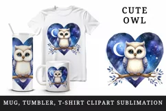 Watercolor cute owl on branch night sky love heart Valentine Day print 20 oz tumbler skinny mug wrap clipart t-shirt sublimation printable design