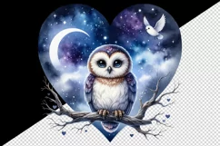 Watercolor cute owl on branch night sky love heart Valentine Day print 20 oz tumbler skinny mug wrap clipart t-shirt sublimation printable design