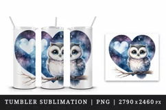 Watercolor cute owl on branch night sky love heart Valentine Day print 20 oz tumbler skinny mug wrap clipart t-shirt sublimation printable design