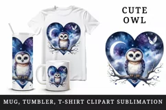 Watercolor cute owl on branch night sky love heart Valentine Day print 20 oz tumbler skinny mug wrap clipart t-shirt sublimation printable design