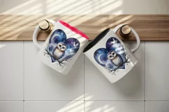 Watercolor cute owl on branch night sky love heart Valentine Day print 20 oz tumbler skinny mug wrap clipart t-shirt sublimation printable design