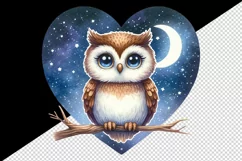 Watercolor cute owl on branch night sky love heart Valentine Day print 20 oz tumbler skinny mug wrap clipart t-shirt sublimation printable design