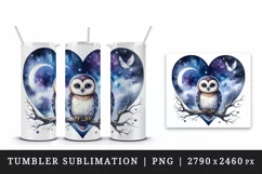Watercolor cute owl on branch night sky love heart Valentine Day print 20 oz tumbler skinny mug wrap clipart t-shirt sublimation printable design