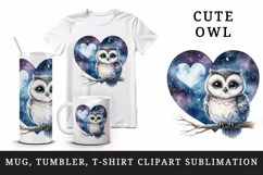 Watercolor cute owl on branch night sky love heart Valentine Day print 20 oz tumbler skinny mug wrap clipart t-shirt sublimation printable design