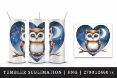 Watercolor cute owl on branch night sky love heart Valentine Day print 20 oz tumbler skinny mug wrap clipart t-shirt sublimation printable design