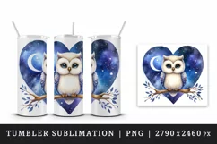 Watercolor cute owl on branch night sky love heart Valentine Day print 20 oz tumbler skinny mug wrap clipart t-shirt sublimation printable design