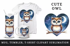 Watercolor cute owl on branch night sky love heart Valentine Day print 20 oz tumbler skinny mug wrap clipart t-shirt sublimation printable design