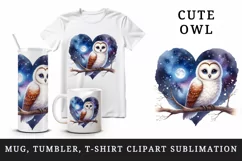 Watercolor cute owl on branch night sky love heart Valentine Day print 20 oz tumbler skinny mug wrap clipart t-shirt sublimation printable design