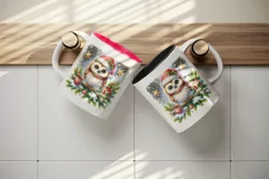 Watercolor cute owl on branch Santa hat Christmas print 20 oz tumbler skinny mug wrap clipart t-shirt sublimation printable design