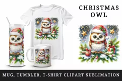 Watercolor cute owl on branch Santa hat Christmas print 20 oz tumbler skinny mug wrap clipart t-shirt sublimation printable design