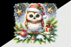 Watercolor cute owl on branch Santa hat Christmas print 20 oz tumbler skinny mug wrap clipart t-shirt sublimation printable design