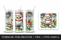 Watercolor cute owl on branch Santa hat Christmas print 20 oz tumbler skinny mug wrap clipart t-shirt sublimation printable design
