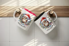 Watercolor cute owl Santa hat lights Merry Christmas greeting quote print 20 oz tumbler skinny mug wrap clipart t-shirt sublimation printable design