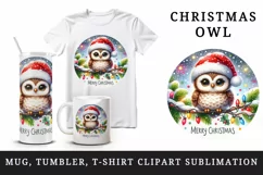 Watercolor cute owl Santa hat lights Merry Christmas greeting quote print 20 oz tumbler skinny mug wrap clipart t-shirt sublimation printable design