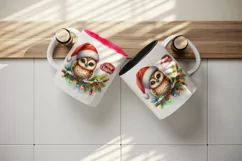 Watercolor cute owl Santa hat lights Merry Christmas greeting quote print 20 oz tumbler skinny mug wrap clipart t-shirt sublimation printable design