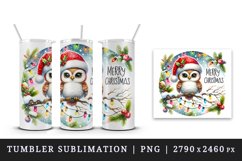 Watercolor cute owl Santa hat lights Merry Christmas greeting quote print 20 oz tumbler skinny mug wrap clipart t-shirt sublimation printable design