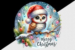 Watercolor cute owl Santa hat lights Merry Christmas greeting quote print 20 oz tumbler skinny mug wrap clipart t-shirt sublimation printable design
