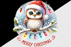 Watercolor cute owl Santa hat lights Merry Christmas greeting quote print 20 oz tumbler skinny mug wrap clipart t-shirt sublimation printable design