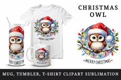 Watercolor cute owl Santa hat lights Merry Christmas greeting quote print 20 oz tumbler skinny mug wrap clipart t-shirt sublimation printable design