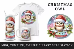 Watercolor cute owl Santa hat lights Merry Christmas greeting quote print 20 oz tumbler skinny mug wrap clipart t-shirt sublimation printable design