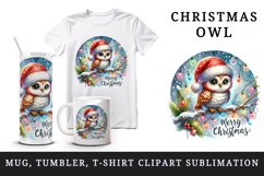 Watercolor cute owl Santa hat lights Merry Christmas greeting quote print 20 oz tumbler skinny mug wrap clipart t-shirt sublimation printable design