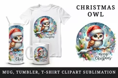 Watercolor cute owl Santa hat lights Merry Christmas greeting quote print 20 oz tumbler skinny mug wrap clipart t-shirt sublimation printable design