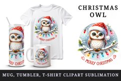 Watercolor cute owl Santa hat lights Merry Christmas greeting quote print 20 oz tumbler skinny mug wrap clipart t-shirt sublimation printable design