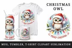 Watercolor cute owl Santa hat lights Merry Christmas greeting quote print 20 oz tumbler skinny mug wrap clipart t-shirt sublimation printable design
