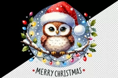 Watercolor cute owl Santa hat lights Merry Christmas greeting quote print 20 oz tumbler skinny mug wrap clipart t-shirt sublimation printable design