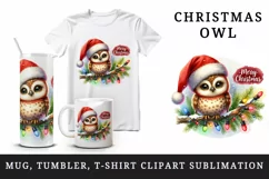 Watercolor cute owl Santa hat lights Merry Christmas greeting quote print 20 oz tumbler skinny mug wrap clipart t-shirt sublimation printable design