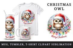Watercolor cute owl Santa hat lights Merry Christmas greeting quote print 20 oz tumbler skinny mug wrap clipart t-shirt sublimation printable design
