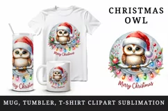 Watercolor cute owl Santa hat lights Merry Christmas greeting quote print 20 oz tumbler skinny mug wrap clipart t-shirt sublimation printable design