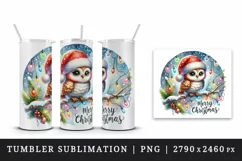 Watercolor cute owl Santa hat lights Merry Christmas greeting quote print 20 oz tumbler skinny mug wrap clipart t-shirt sublimation printable design