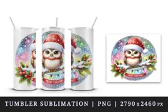 Watercolor cute owl Santa hat lights Merry Christmas greeting quote print 20 oz tumbler skinny mug wrap clipart t-shirt sublimation printable design