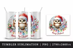 Watercolor cute owl Santa hat lights Merry Christmas greeting quote print 20 oz tumbler skinny mug wrap clipart t-shirt sublimation printable design