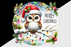 Watercolor cute owl Santa hat lights Merry Christmas greeting quote print 20 oz tumbler skinny mug wrap clipart t-shirt sublimation printable design