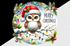 Watercolor cute owl Santa hat lights Merry Christmas greeting quote print 20 oz tumbler skinny mug wrap clipart t-shirt sublimation printable design