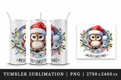 Watercolor cute owl Santa hat lights Merry Christmas greeting quote print 20 oz tumbler skinny mug wrap clipart t-shirt sublimation printable design