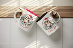Watercolor cute owl Santa hat lights Merry Christmas greeting quote print 20 oz tumbler skinny mug wrap clipart t-shirt sublimation printable design